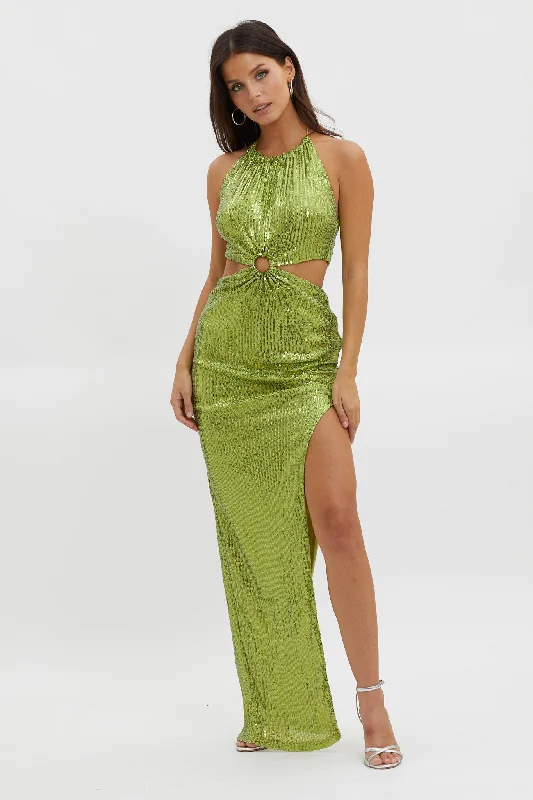 Party Wear Sequin frayed dress Astral Halterneck Sequin Dress Lime