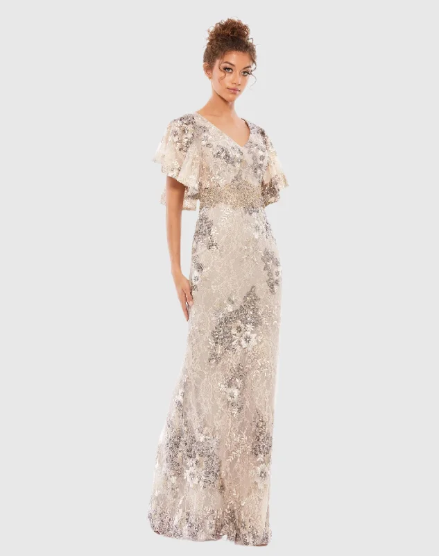 Street Sports Shoes Sequin pencil skirt dress Bell Sleeve Floral Embellished Gown