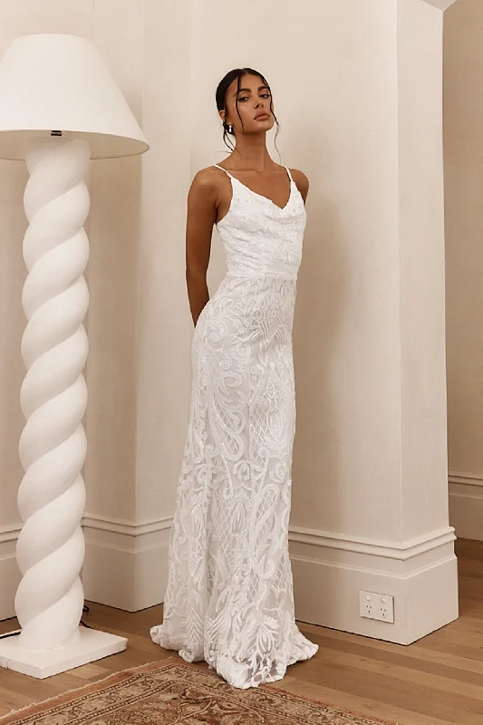 Elegant Style Rose gold sequin dress Cezanne Sequin Cowl Neck Maxi Dress White
