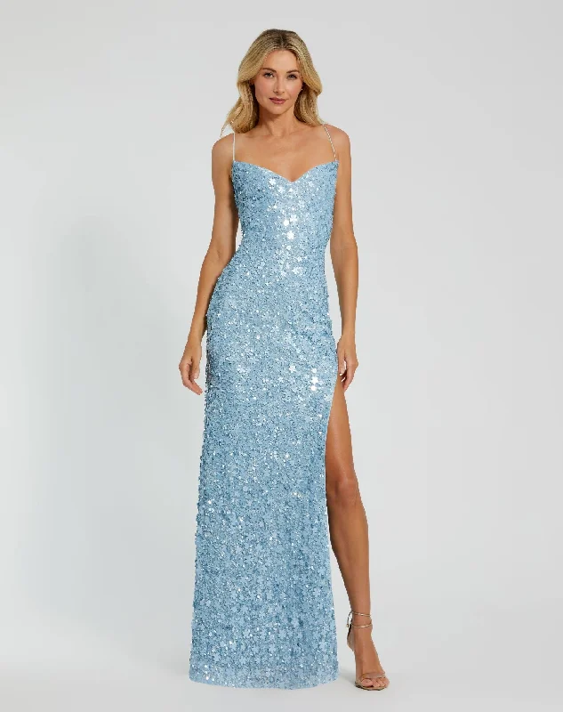Black And White Style Sequin tiered gown Light Blue Embellished Spaghetti Strap Sweetheart Gown with Slit Black And White Style Sequin tiered gown Light Blue Embellished Spaghetti Strap Sweetheart Gown with Slit