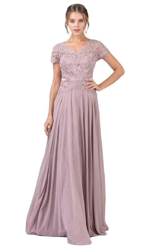 Design Perception One-shoulder evening dress Eureka Fashion - 5909 Short Sleeve Lace Bodice Scalloped Peplum Dress