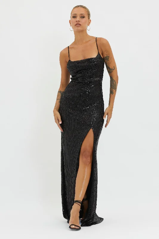 Unique prints Sequin slip gown Kerene Spit Sequin Maxi Dress Black
