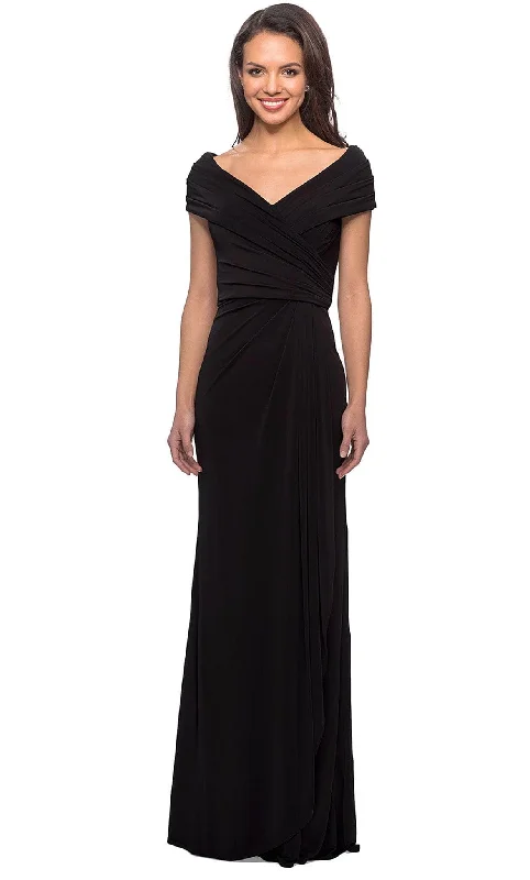 Leisure Travel Chiffon ruffle dress La Femme - 26519 Off Shoulder V Neck Long Sheath Jersey Gown Leisure Travel Chiffon ruffle dress La Femme - 26519 Off Shoulder V Neck Long Sheath Jersey Gown