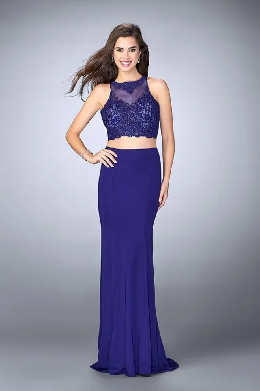 Warm and substantial Lace and silk evening gown La Femme Gigi - 23908 Sleeveless Illusion High Two-piece Jersey Gown Warm and substantial Lace and silk evening gown La Femme Gigi - 23908 Sleeveless Illusion High Two-piece Jersey Gown