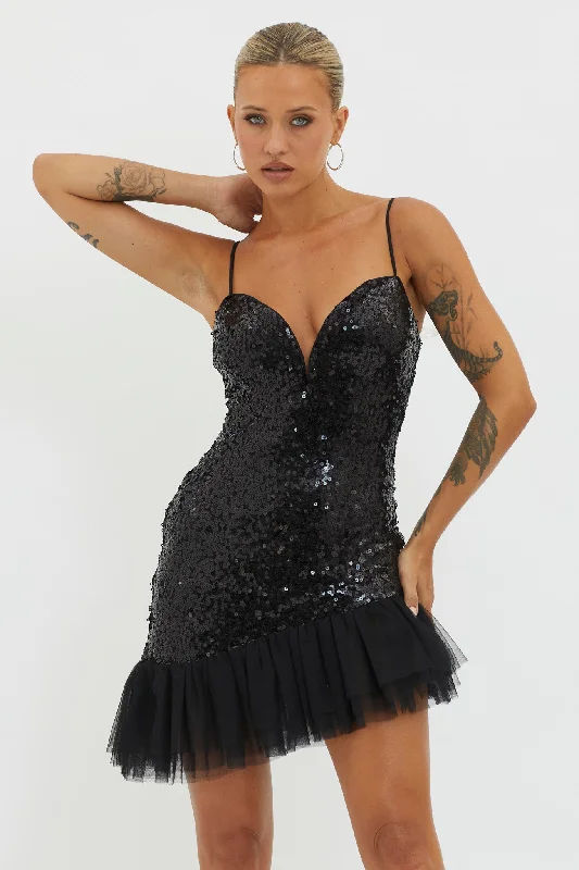 Skirt style Sparkling bodycon dress Sassafras Tulle Hem Sequin Mini Dress Black