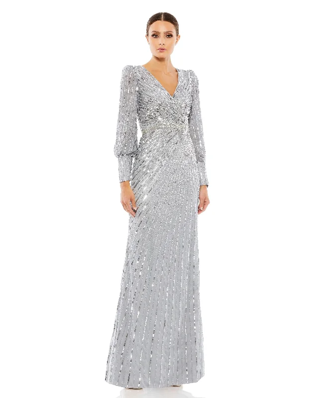 Street Style Sequin lace cocktail dress Sequined Wrap Over Bishop Sleeve Gown