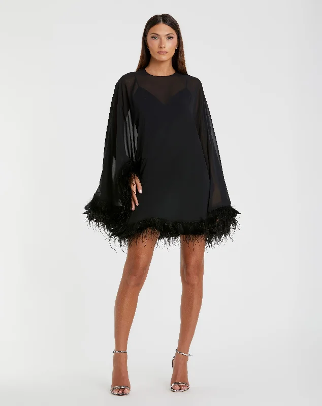 Sports Tights Silk party dress Trapeze Feather Trim Mini Dress