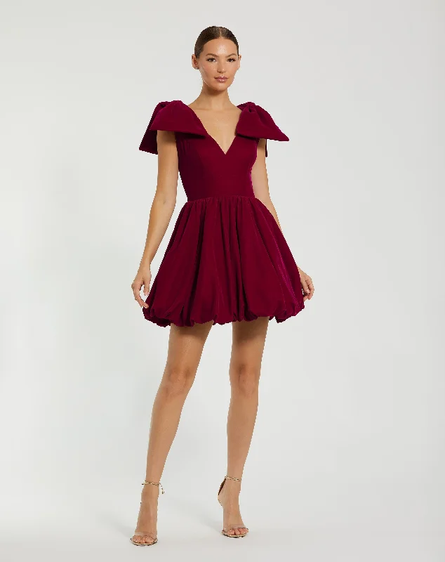Street Sports Shoes Strapless A-line dress Shoulder Bow Velvet Bubble Mini Dress