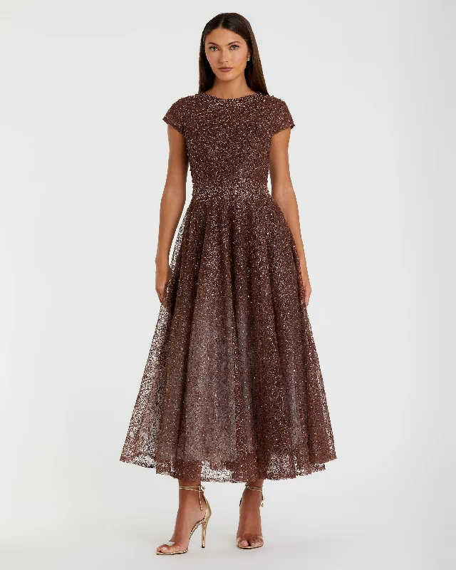 Street Show-off Style Crystal embellished party dress Brown Embellished Cap Sleeve A Line Dress Street Show-off Style Crystal embellished party dress Brown Embellished Cap Sleeve A Line Dress