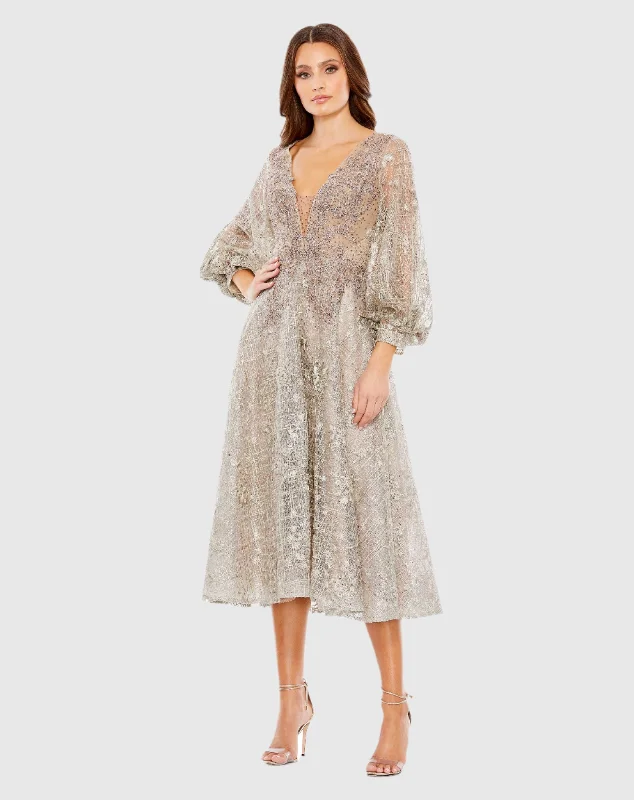 Boutique style High-waist party dress Beige Embellished Plunge Neck Bishop Sleeve Dress Boutique style High-waist party dress Beige Embellished Plunge Neck Bishop Sleeve Dress