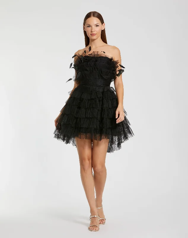 Elegant Style Deep V-neck dress Black Feathered Strapless Tulle Fit and Flare Dress Elegant Style Deep V-neck dress Black Feathered Strapless Tulle Fit and Flare Dress