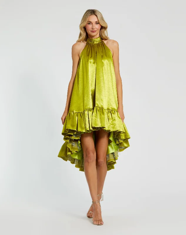 Renaissance Style Ruffled chiffon party dress Green High Neck Satin Mini Dress With Keyhole Renaissance Style Ruffled chiffon party dress Green High Neck Satin Mini Dress With Keyhole
