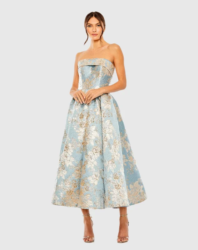 High waist design Lace bodice dress Strapless Brocade Midi Dress with Pockets