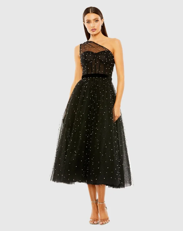 Short skirt design Ballerina-style party dress One Shoulder Pearl Beaded Midi Ballgown Short skirt design Ballerina-style party dress One Shoulder Pearl Beaded Midi Ballgown