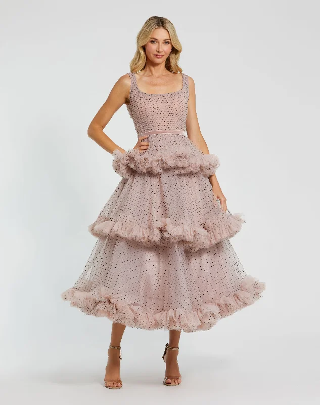 Retro Lace Fabric Back tie satin dress Sleeveless Dot Net Ruffle Dress