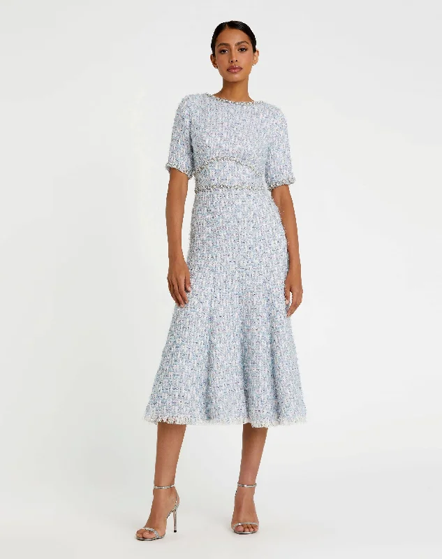Street Style Lace party dress Short Sleeve Beaded Trim Boucle Midi Dress