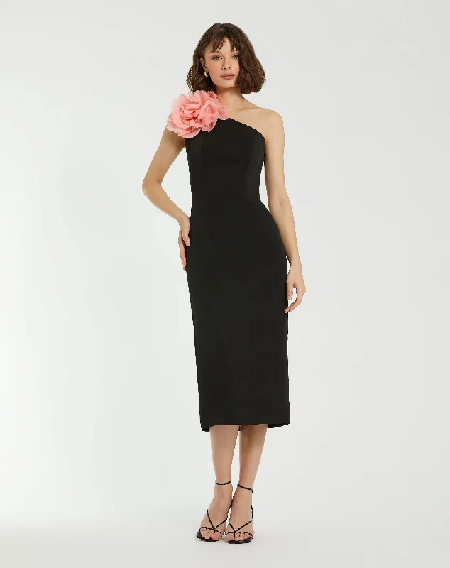 Retro Woolen Jacket Flutter sleeve dress Crepe One Shoulder Midi Dress With Flower