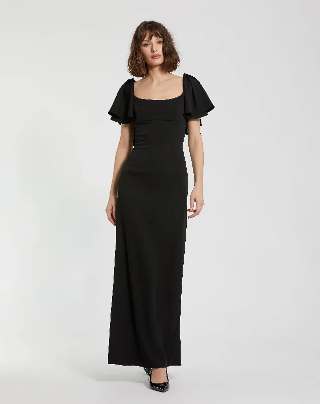 Design Perception V-back satin dress Crepe Fitted Long Dress With Short Ruffle Sleeves Design Perception V-back satin dress Crepe Fitted Long Dress With Short Ruffle Sleeves