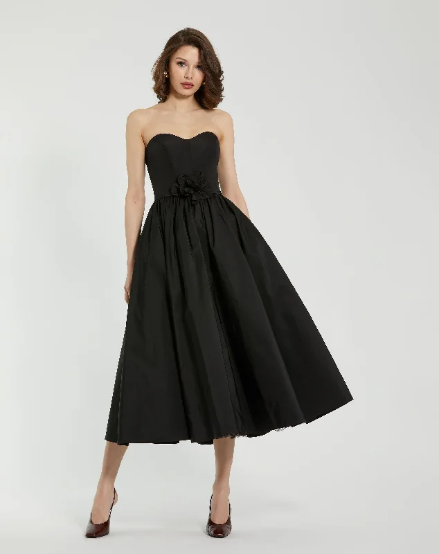 Literary Style Plunging neckline party dress Faille Strapless A Line Midi Dress With 3D Rose Literary Style Plunging neckline party dress Faille Strapless A Line Midi Dress With 3D Rose