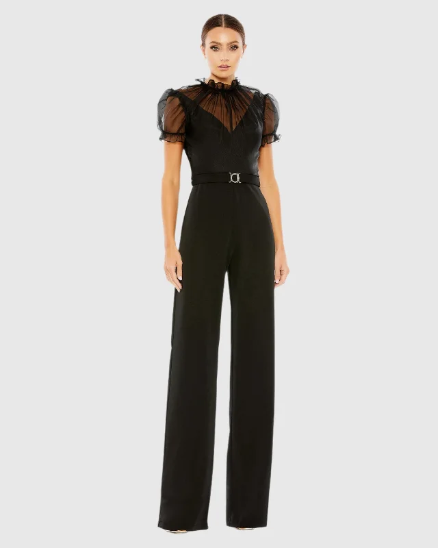 Alice style Illusion neckline dress Belted Illusion High Neck Cap Sleeve Jumpsuit