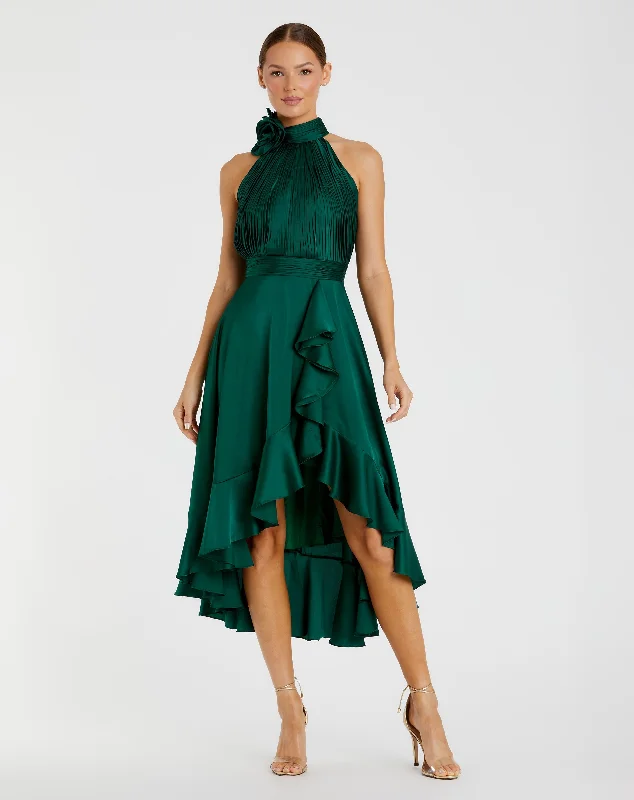 Comfortable down Sheer sleeve party dress Green Halter Neck Flower Detail Ruffled Midi Dress Comfortable down Sheer sleeve party dress Green Halter Neck Flower Detail Ruffled Midi Dress