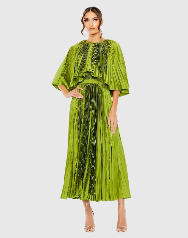 Ultra-lightweight Strapless party gown Green Pleated Caplet Tea-length Dress