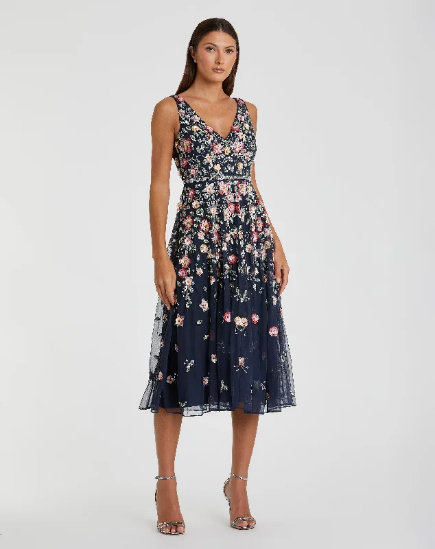 Street Fashion Style Tulle party dress V-neck Sleeveless Midi Floral Beaded A-line Dress Street Fashion Style Tulle party dress V-neck Sleeveless Midi Floral Beaded A-line Dress