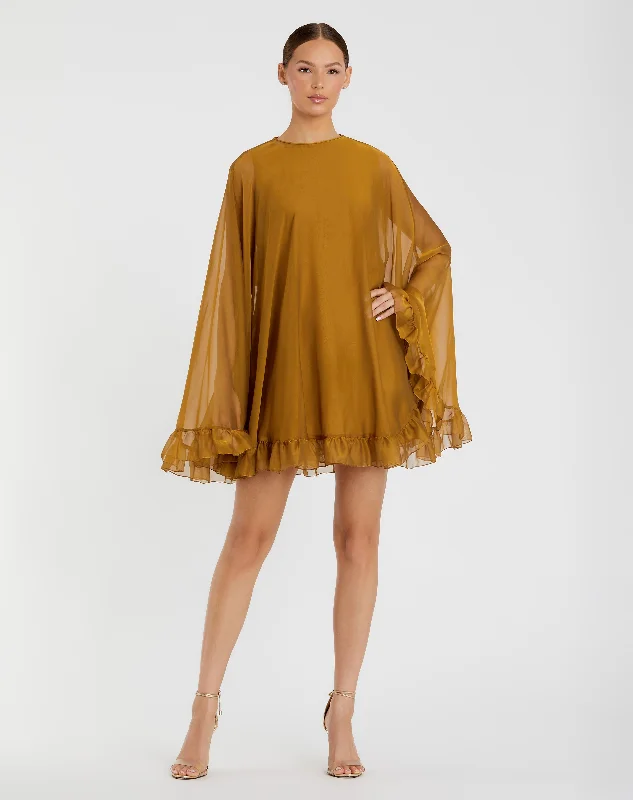 Sports Jumpsuit Ruched party dress High Neck Ruffle Hem Cape Mini Dress
