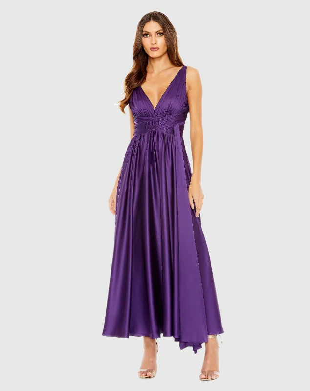 Fashion Style Lace cocktail dress Ruched Top Satin Pleated Tea Length Dress