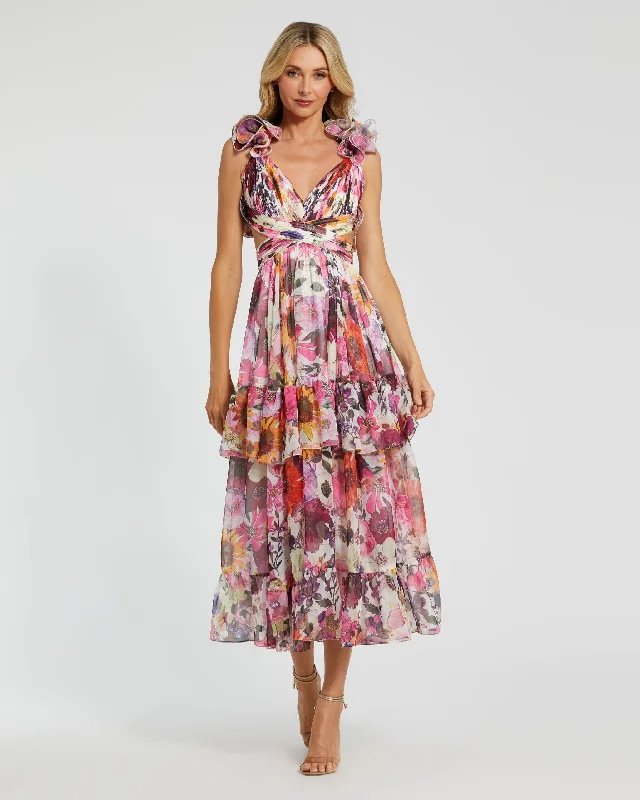Hip-hop Style Beaded cocktail gown Ruffle Tiered Cut-Out Floral Chiffon Dress