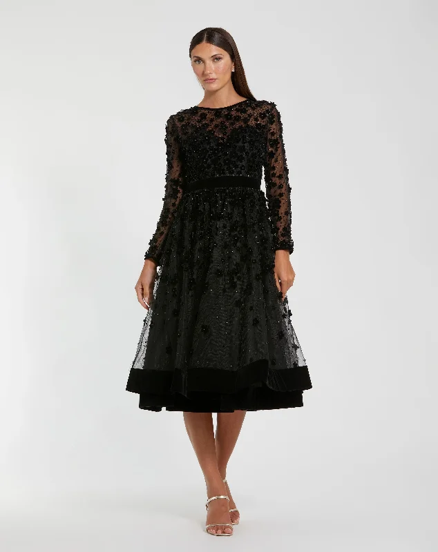 Classic Retro Lace skirt party dress Black Embellished Illusion High Neck Long Sleeve Fit & Flare Dress Classic Retro Lace skirt party dress Black Embellished Illusion High Neck Long Sleeve Fit & Flare Dress