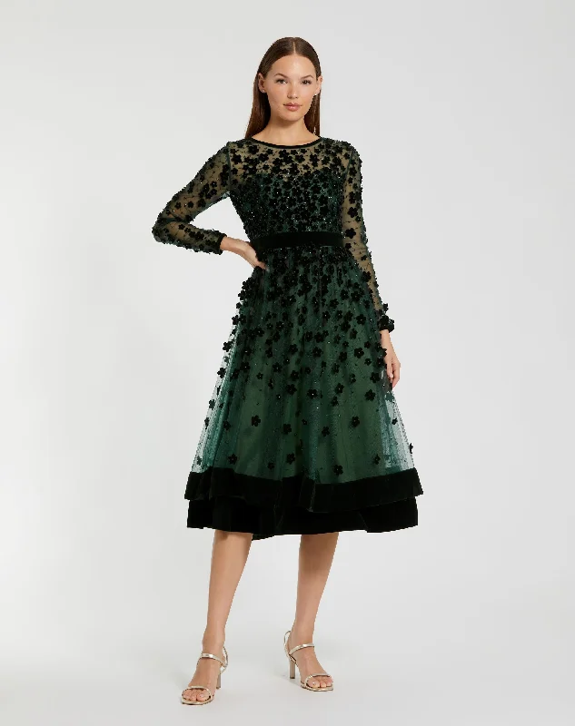 High-end atmosphere Feathered party dress Green Embellished Illusion High Neck Long Sleeve Fit & Flare Dress High-end atmosphere Feathered party dress Green Embellished Illusion High Neck Long Sleeve Fit & Flare Dress