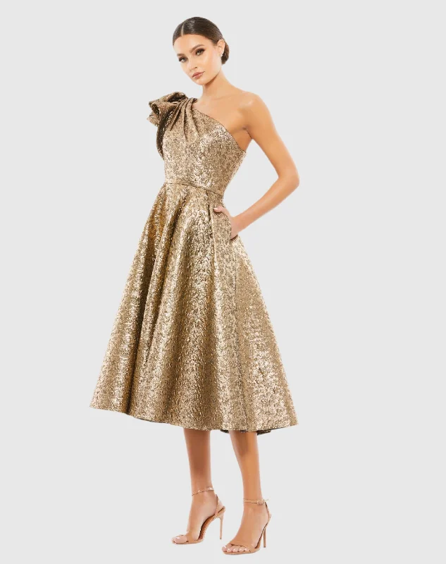 Retro Design High-low party dress Bronze One Shoulder Bow Midi Dress