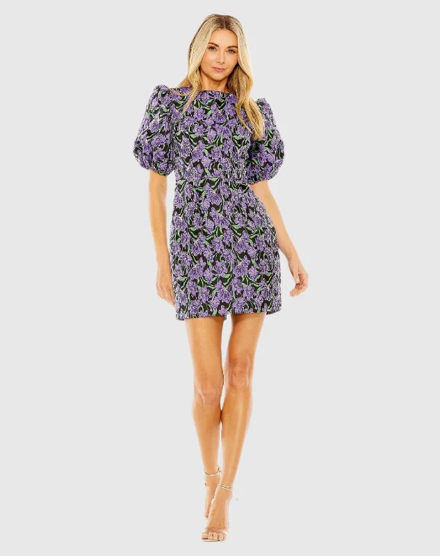 Customized Version Shift party dress Bubble Sleeve Brocade Mini Dress