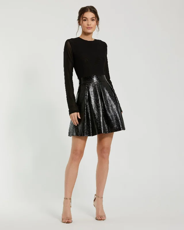 Avant-garde trend Swing party dress Mesh And Leather Long Sleeve A Line Mini Dress Avant-garde trend Swing party dress Mesh And Leather Long Sleeve A Line Mini Dress