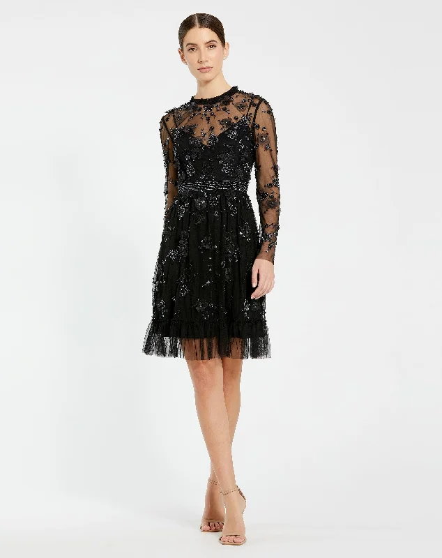 Retro Literary Style Tiered lace dress Sheer Long Sleeve Embellished Midi Dress