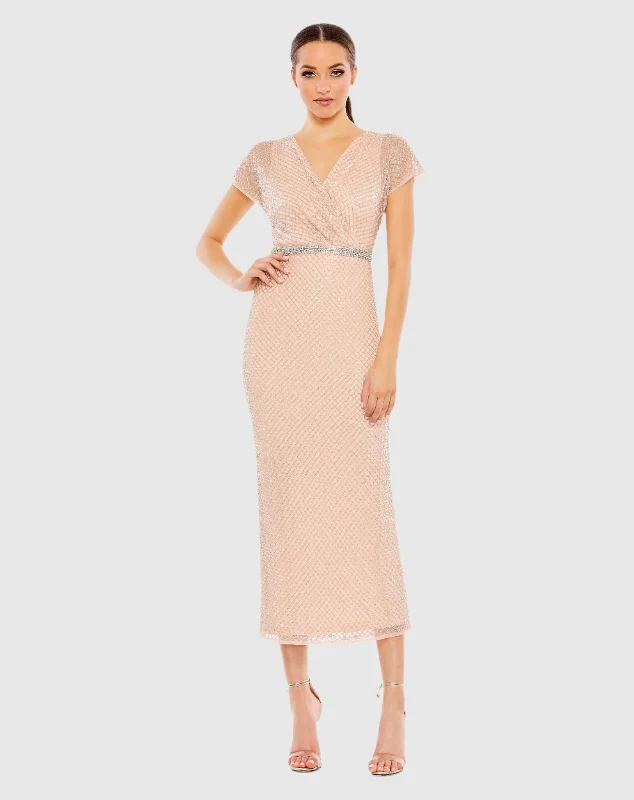 Retro Dress Lace bell sleeve dress Beaded Wrap V-Neck Short Sleeve Dress