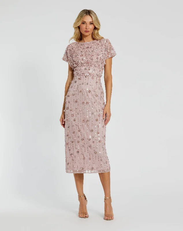 Cool Style Off-shoulder satin dress Cap Sleeve Column Midi Dress With Floral Beading Cool Style Off-shoulder satin dress Cap Sleeve Column Midi Dress With Floral Beading