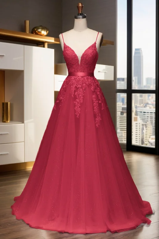 Ultra-lightweight Sparkly crystal ball gown A-Line Sweep-Brush Train Tulle Prom Dress CS0464