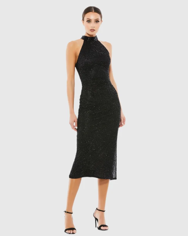 Sports Tights Strapless party dress High Neck Halter Sleeveless Midi Dress