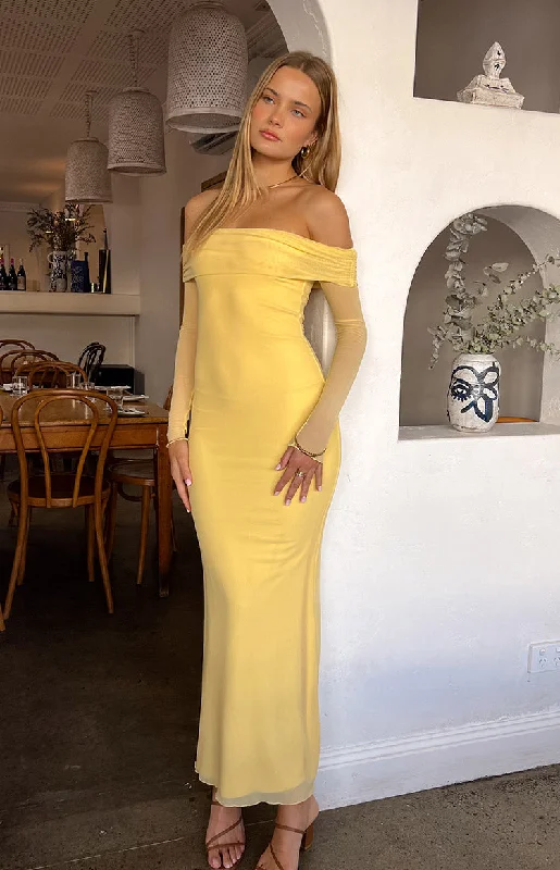 Sports Jacket Feather-trimmed party dress Coraline Yellow Long Sleeve Maxi Dress