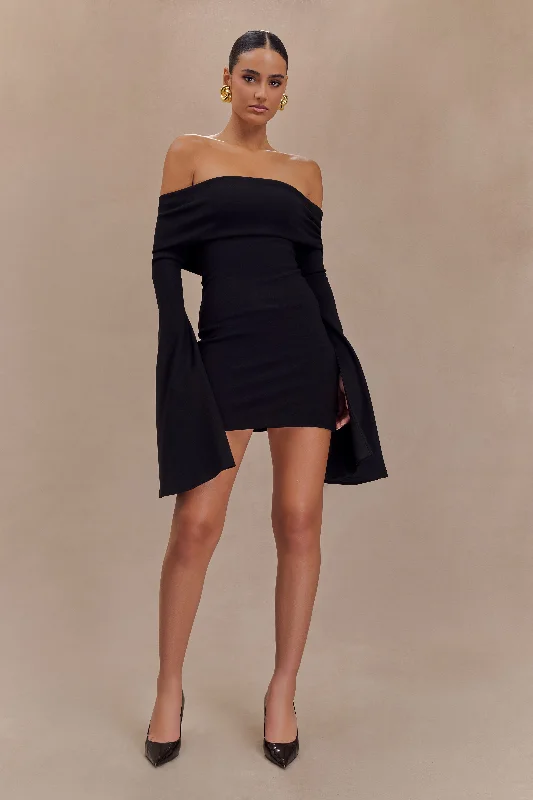 Personalized print Ruffled hem party dress Dominique Off Shoulder Long Sleeve Mini Dress - Black Personalized print Ruffled hem party dress Dominique Off Shoulder Long Sleeve Mini Dress - Black