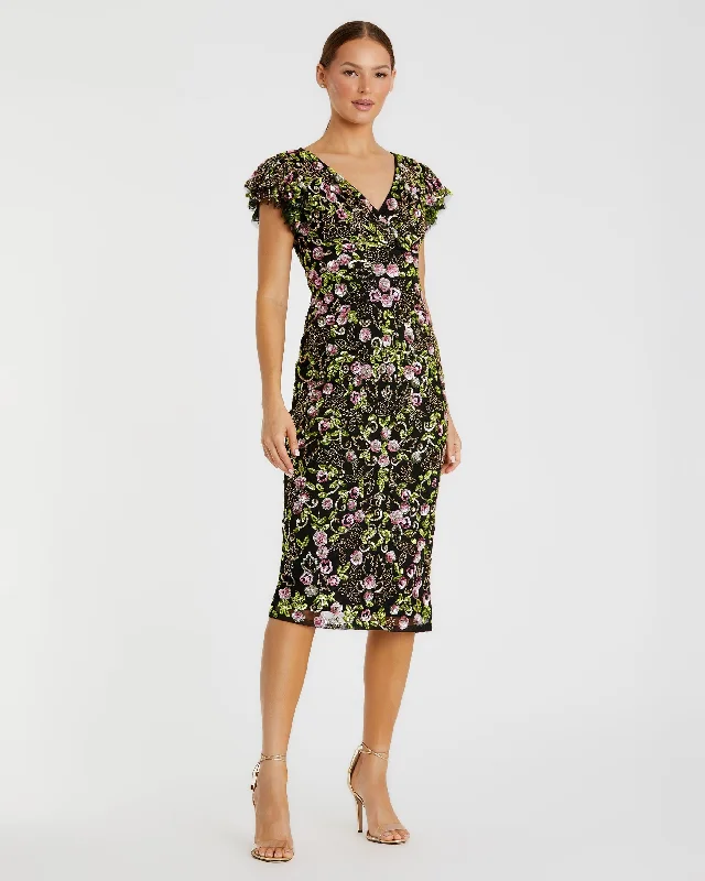 Trendy Traveler Flowy chiffon dress Floral Embellished Flutter Cap Sleeve Dress