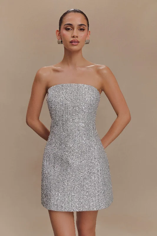 Street Casual Style Evening party dress Gala Strapless Tweed Mini Dress - Silver