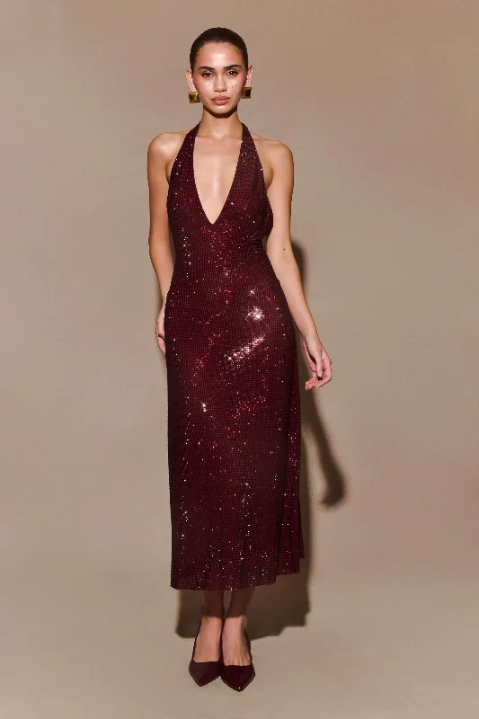 Sports Comfort Style Back zip party dress Genie Diamante Halter Midi Dress - Mahogany Sports Comfort Style Back zip party dress Genie Diamante Halter Midi Dress - Mahogany