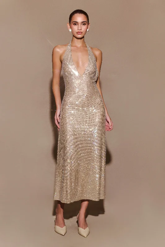 Elegant and noble One-shoulder party dress Genie Diamante Halter Midi Dress - Nude