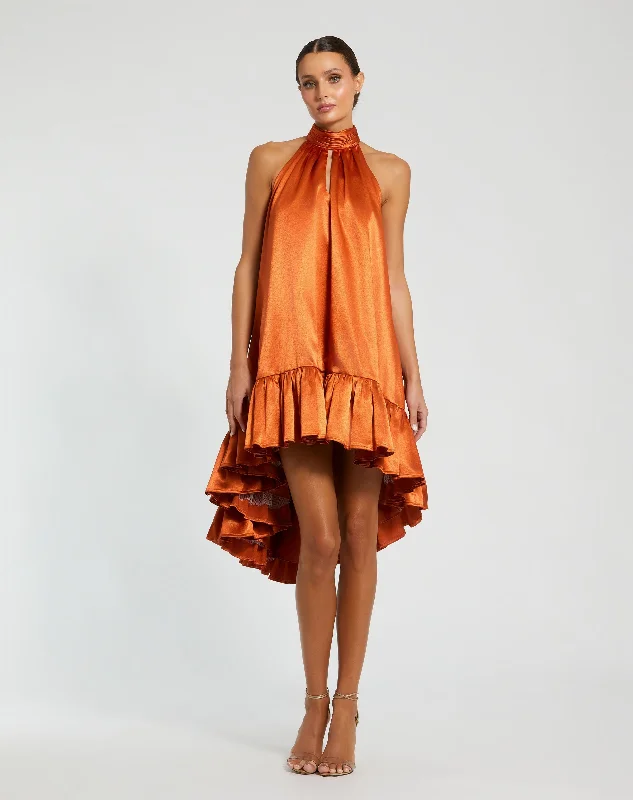 Sports litigation style Satin slip dress Orange High Neck Satin Mini Dress With Keyhole Sports litigation style Satin slip dress Orange High Neck Satin Mini Dress With Keyhole
