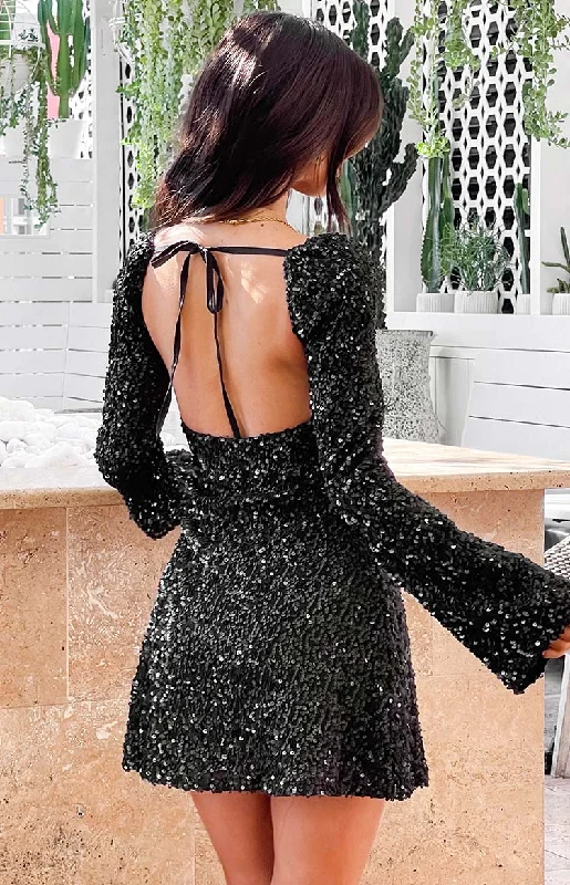 Street Style Suit Satin party dress Marienne Black Sequin Long Sleeve Mini Dress