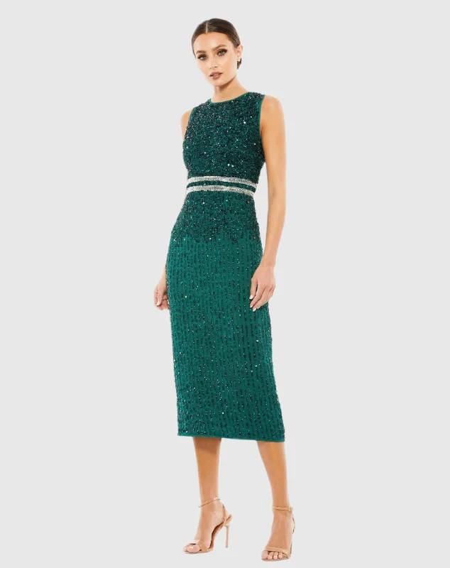 Independent design Structured party dress Sleeveless High Neck Beaded Midi Sheath Dress