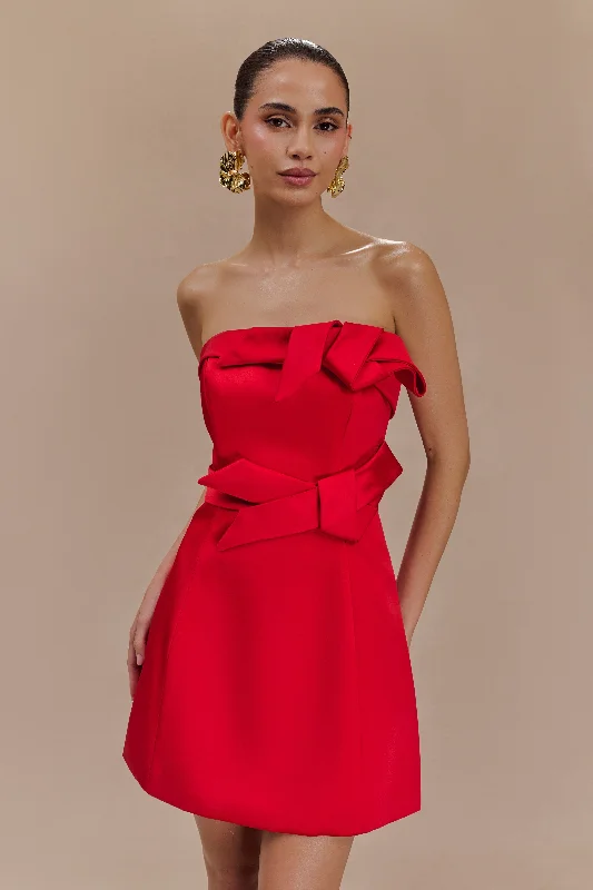 Sweet Girl Blouson sleeve dress Tatiana Satin Strapless Bow Mini Dress - Red